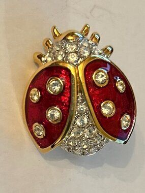 Crystal Ladybug Brooch Red Enamel Gold Tone Rhinestone Pin Cute Lucky Bug